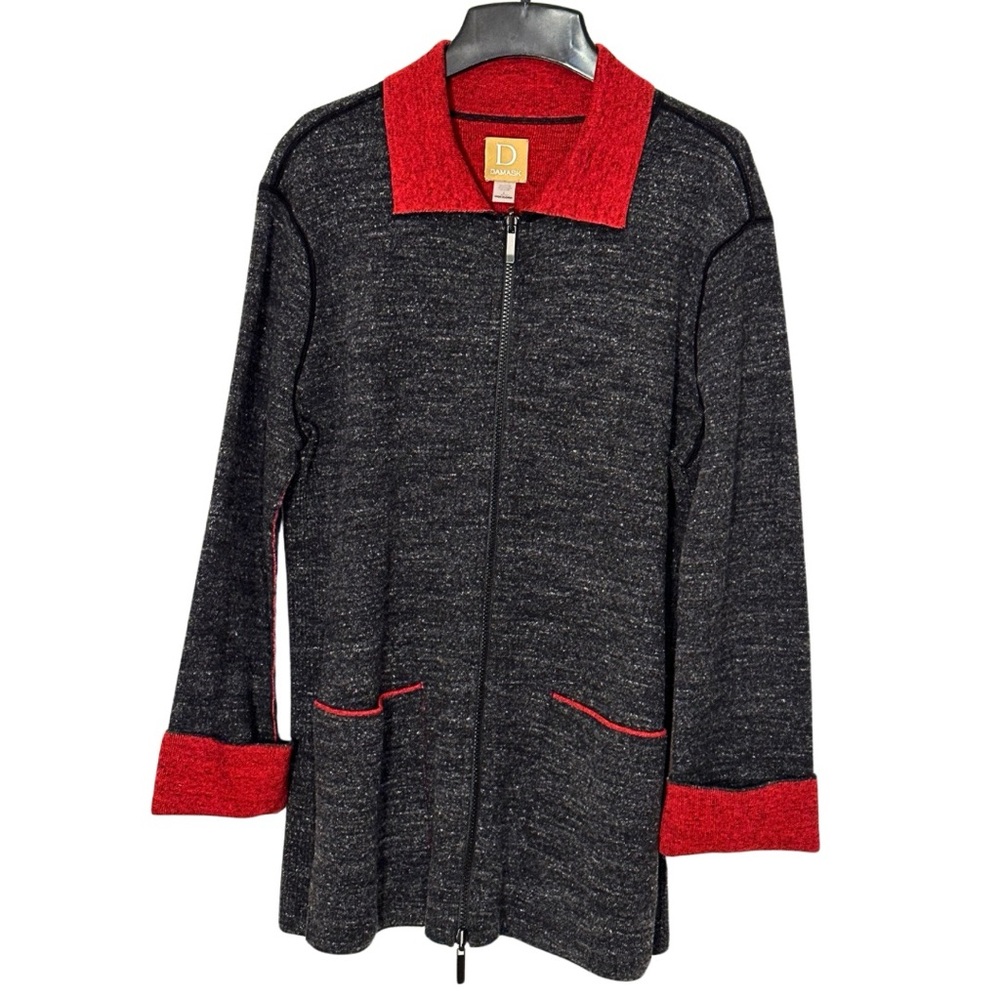 “Damask” Brand Heather Charcoal Grey Red Ultra Soft Women’s Large Zip Cardigan